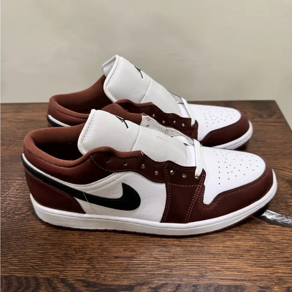 Jordan 1 Low Men's White and Dark Brown Sneakers - Picture 2 of 7